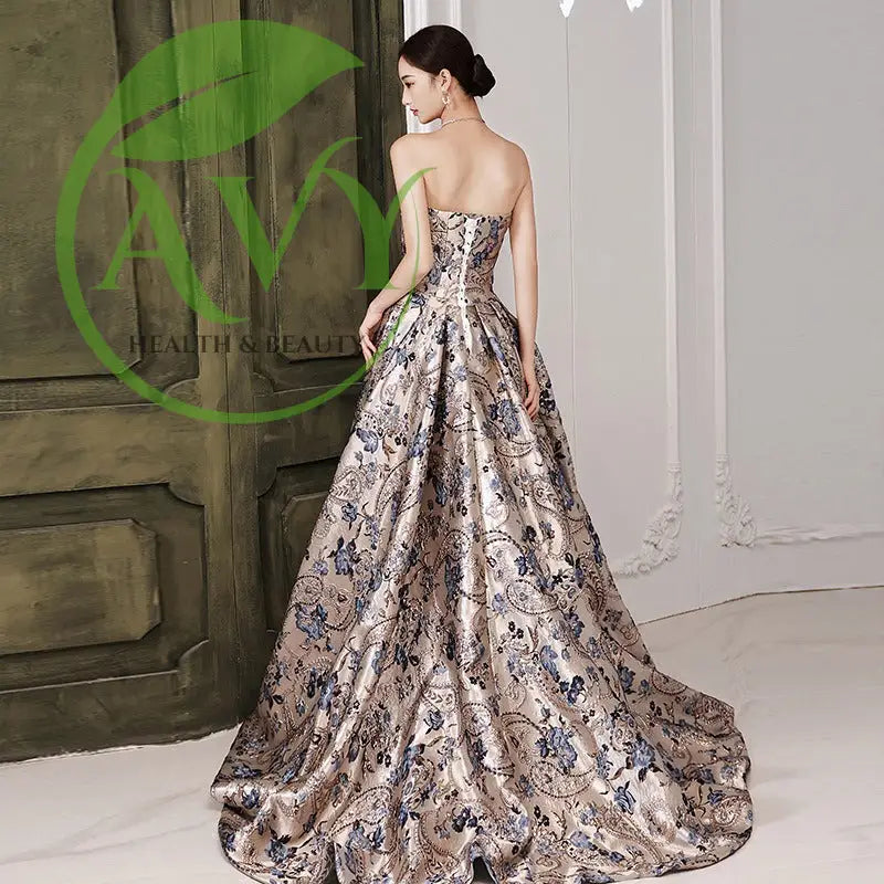 Strapless Jacquard Satin A-Line Celebrity Prom Ball Gown with Train and Princess Sleeves - gown,evening dress