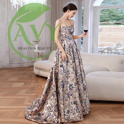 Strapless Jacquard Satin A-Line Celebrity Prom Ball Gown with Train and Princess Sleeves - gown,evening dress